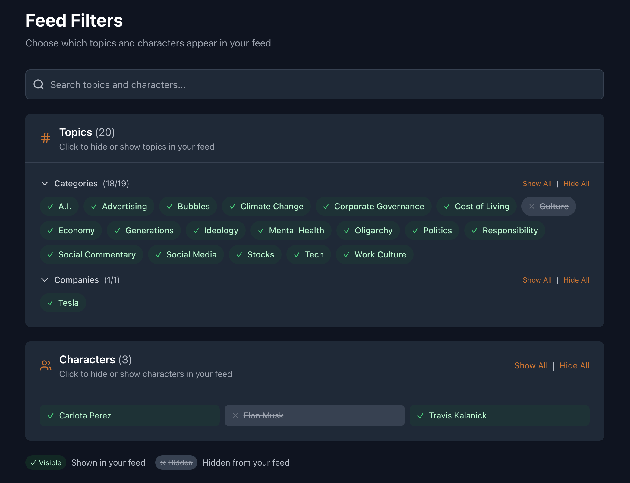 Hide topics and characters interface